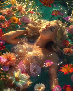 a beautiful woman laying in the water surrounded by flowers and lilies with her eyes closed