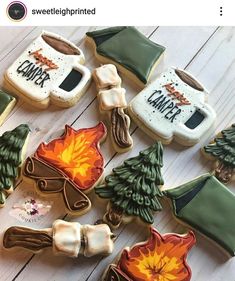 decorated cookies are arranged in the shape of christmas trees and campfires with words on them