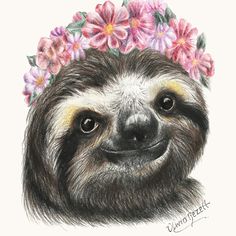 a drawing of a sloth with flowers on its head