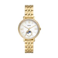 Elevate your attire with the sophisticated look of this ladies' Fossil Jacqueline crystal accent gold-toned watch with a mother-of-pearl dial. The mother-of-pearl dial showcases gold-toned hands, roman numeral and stick markers, a sunray-textured center, and a sun-moon window with crystal accents. 36.0mm gold-toned stainless steel case with mineral crystal and a crystal-lined bezel Quartz movement keeps accurate time. The gold-toned stainless steel link bracelet secures with a push-button fold-o Fossil Watch, Top Rings, Two Tone Watch, Watch Gifts, G Shock, Stainless Steel Watch, Watch Brands, Stainless Steel Bracelet, Smartwatch