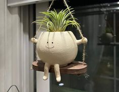 an air plant hanging from the side of a window sill with a smiley face on it