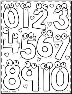 numbers coloring pages for kids with faces and hearts in the middle, black and white