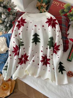 Plus Size Women's Winter Snowflake & Christmas Tree Pattern Scallop Hem Design Sweater Multicolor Casual  Long Sleeve Knitwear Christmas,Plants Pullovers Slight Stretch  Women Plus Clothing, size features are:Bust: ,Length: ,Sleeve Length: Christmas Headpiece, Snowflake Christmas Tree, Christmas Plants, Plus Size Pullover, Scallop Hem, Christmas Tree Pattern, Snowflake Christmas, Winter Snowflakes, Tree Pattern