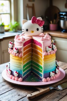 a hello kitty rainbow cake on a plate