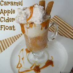 caramel apple cider float on a white plate