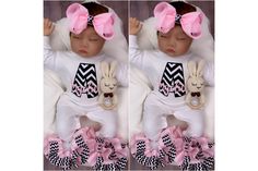 "*IMPORTANT INFORMATION* We ask that you pay close attention to detail, we offer many different styles of the same set. (In detail of the exact item pictured, it is the \"FULL 3PCS SET\". ) The 3 Piece Set Includes: 100% Cotton Customized Bodysuit 4' Ribbon Headbow (all pink with chevron TRIM in middle) Matching Ribbon Anklets (all pink with chevron TRIM) This set features one to two names. The first and middle name is placed over the last initial. Any combinations can be done, just let us know Cute White First Birthday Sets, Cute Pink Set With Matching Headband, Playful Pink Sets With Matching Headband, Baby Gril, Tout Rose, Newborn Clothing, Personalized Newborn, Baby Girl Outfit, Baby Bundles