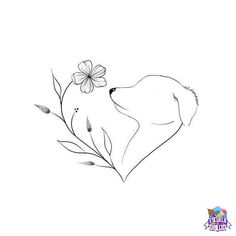 a black and white drawing of a dog smelling a flower