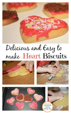 some heart shaped cookies are being made with icing