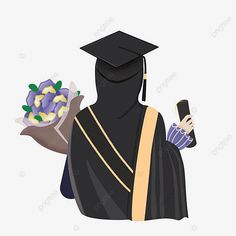 a person wearing a graduation cap and gown holding a bouquet of flowers, cartoon, character png and psd