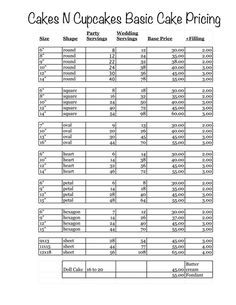 the cake price sheet for cakes and cupcakes is shown in black on a white background