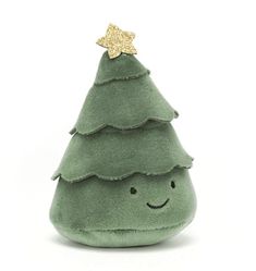 a small green stuffed christmas tree with a gold star on it's top, sitting in front of a white background