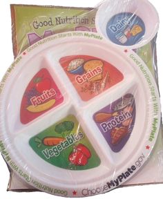 a plastic plate with four different types of food on the front and back of it