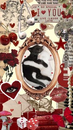 a collage of images with hearts, flowers and other things in it that include a cat