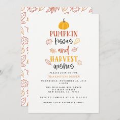 an autumn themed wedding card with the words pumpkin kisses and harvest wishes written on it