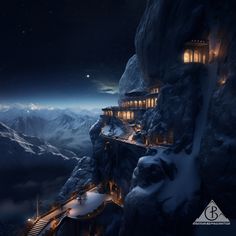 an image of a mountain top with a building on it at night in the snow