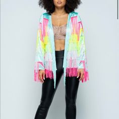 The Coolest Jacket You Will Ever Own! Gorgeous Blue Satin, Trimmed With The Most Vibrant Satin Fringe. Front Hook Closure For A Loose Fit. You Will Be The Life Of Any Party. Insane Vibrant Satin Blue Pinks And Yellow Front Hook Closer High Fashion Quality Small: 0-4 Medium: 6-8 Large: 10-12 Multicolor Long Sleeve Outerwear For Party, Trendy Colorful Outerwear For Spring, Yellow Spring Outerwear For Party, Spring Yellow Outerwear For Party, Spring Yellow Party Outerwear, Yellow Spring Party Outerwear, Yellow Fall Party Outerwear, Trendy Multicolor Festival Outerwear, Trendy Multicolor Outerwear For Festivals