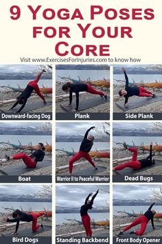 a woman doing yoga poses for her core with the words 9 yoga poses for your core