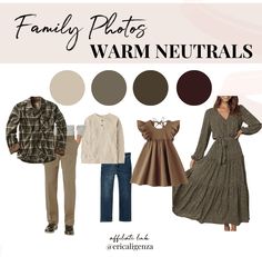 family photos warm neutrals for the fall and winter season, including sweaters, dresses, jeans, jackets