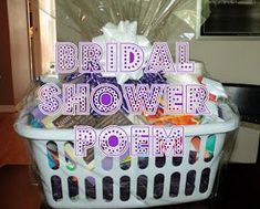 a white laundry basket with the words bridal shower poem in purple over it's top