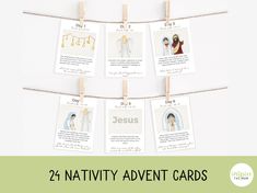 some clothes pins are hanging on the clothes line and there is text that says, 24 nativity adventent cards