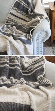 two pictures of a couch with a blanket on it and one has a black and white afghan