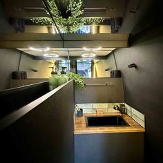 a bathroom with a sink, mirror and plants on the counter top in front of it