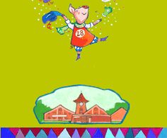 a cartoon character flying through the air over a green background with buildings and other objects