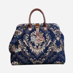 Carpet Bag Floral Blue Mary Poppins Bag Baroque Garden, Handmade Travel Bag, Carpet Bags, Victorian Carpet, Vintage Leather Handbag, Overnight Travel Bag, Leather Weekender, Carpet Bag, Leather Travel Bag