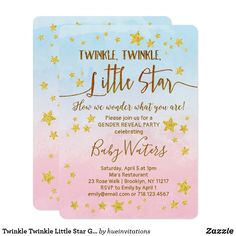 a pink and blue birthday party card with gold stars on the front, and a little star in the middle