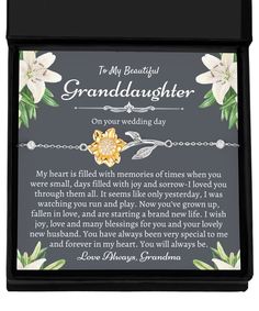 a black box with a poem on it that says, to my beautiful granddaughter on your wedding day