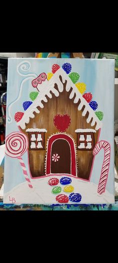 a painting of a gingerbread house with candy and lollipops