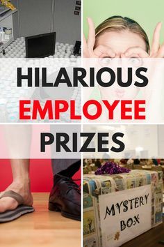 there are four different pictures with the words hilarious employee prizes on them, including a woman's feet and man's shoes