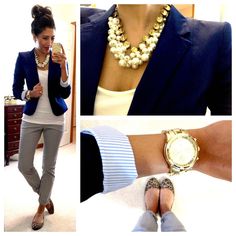 Gray slacks, navy blazer, and pearls Affordable Outfits, Interview Outfits, The Addams Family, Interview Outfit, Womens Fashion For Work, Grey Pants, Professional Outfits, Affordable Clothes