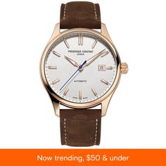 in stock Elegant Leather Watch Accessories With Chronometer, Elegant Automatic Leather Watch, Elegant Leather Automatic Watch, Elegant Brown Watch Accessories With Date Indicator, Brown Leather Strap Watch, Frederique Constant, Leather Strap Watch, Brown Leather Strap, Swiss Made