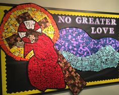 a bulletin board with mosaics on it that says no greater love