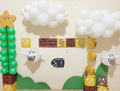 a nintendo themed birthday party with balloons and decorations