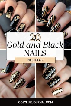 Simple Black And Gold Nails, Black And Gold Nail Designs, Gold And Black Nails, Golden Nails, Toe Nail Color, Formal Nails, Long Acrylic Nail Designs