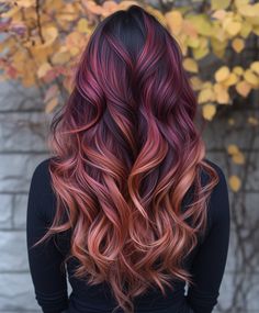 🦋 Chic Straight And Curly Hair red copper hair color ideas Ombre Dark Hair Color, Ruby Fusion Hair Color, Copper And Purple Hair, Light Red Highlights, Ombre Copper Hair, Cherry Cola Balayage, Color Melt Hair, Red Copper Hair, Curly Hair Red