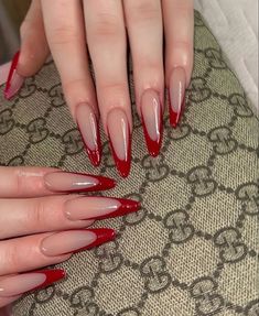 Round Stilleto Nails Long, Pretty Almond Nails Classy French, Gray And Red Nails, Red French Tip Stiletto Nails, Round Long Nails, Long Almond Nails Designs Classy, Baddie Red Nails, Valentines Almond Nails, Red Almond Acrylic Nails