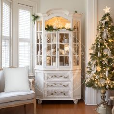 a white china cabinet sitting next to a christmas tree