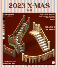 a poster with stairs and christmas decorations on it