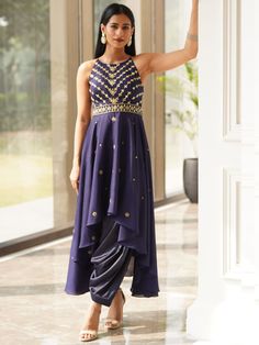 Navy Blue Isla Kurta Set - Rashika Sharma - East Boutique Silk Sequin Kurta For Parties, Party Silk Kurta With Sequins, Silk Bollywood Kurta For Evening, Festive Evening Dresses With Gota Work, Elegant Sleeveless Party Kurta, Silk Kurta For Navratri Party, Blue Sequined Salwar Kameez For Party, Evening Dresses With Gota Work, Silk Salwar Kameez For Party, Maxi Length