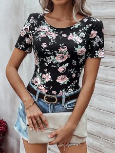 Women's Floral Print Short Sleeve T-Shirt Black Casual  Short Sleeve Knitted Fabric Floral,All Over Print  Slight Stretch  Women Clothing, size features are:Bust: ,Length: ,Sleeve Length: Fitted Floral Print T-shirt With Crew Neck, Black Scoop Neck T-shirt For Fall, Fitted Floral Print Scoop Neck Tops, Black Floral Print Short Sleeve Tops, Casual Fitted Floral Print T-shirt, Fitted Floral Print Casual T-shirt, Black Scoop Neck Top For Spring, Spring Floral Print Stretch T-shirt, Black Fitted Knit Top Short Sleeve