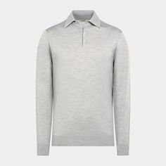 This light grey long sleeve polo is tailored to a slim fit and features a classic button collar, mother of pearl buttons, and a ribbed hem and cuffs. Classic Polo Sweater For Business Casual, Long Sleeve Polo Shirt With Buttons For Work, Fitted Long Sleeve Polo Shirt With Buttons, Classic Gray Formal Tops, Fitted Long Sleeve Polo Shirt For Formal Occasions, Classic Gray Polo Sweater For Winter, Classic Gray Winter Polo Sweater, Classic Polo Sweater With Placket For Fall, Classic Gray Spread Collar Tops