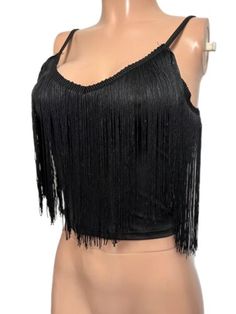 Y2K Black Fringed Front Crop Top S New adj straps cami | eBay Summer Party Straps With Built-in Bra, Trendy Strappy Camisole With Adjustable Straps, Party Camisole With Adjustable Tank Straps, Spring Party Tank Top With Fringe, Party Cami Tank Top, Party Camisole Tank Top With Adjustable Straps, Trendy Camisole With Adjustable Straps For Night Out, Party Camisole With Adjustable Strappy Details, Party Camisole With Adjustable Strappy Design