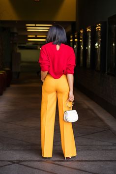 Yellow Colorblock Outfit, Retro Spring Color Block Bottoms, Spring Yellow Color Block Bottoms, Chic Spring Color Block Pants, Summer Color Block Wide-leg Pants, Iris Fashion, Jadore Fashion, Block Color