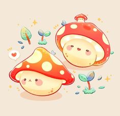 two mushrooms with faces on them, one is red and the other is yellow