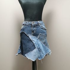 "Upcycled denim patchwork skirt with frayed seams. Waist measures 30\" and length is approximately 16\"." Parchwork Skirt, Patch Work Denim Skirt, Jean Skirt Outfits 2023, Denim Skirt Made From Jeans, Patchwork Skirt Denim, Upcycle Jeans Skirt, Repurpose Denim, Upcycle Denim Jeans, Jean Refashion