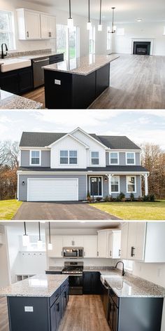 two pictures of a kitchen and living room in a house with white walls, wood floors, and black appliances