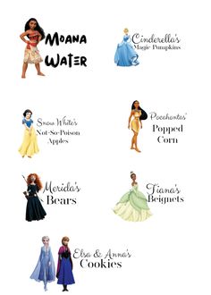 the disney princesses are all in different colors and font options for each character's name